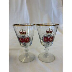 Queen Elizabeth II Silver Jubilee Commemorative Wine Glasses Set Of 2 Gold Rim 5